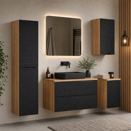Set mobilier de baie Ocean Black, MDF, PAL melaminat, negru mat/stejar uleiat, blat stejar uleiat, L.90 cm, lavoar Slim, dulap inalt H.170 cm, SET-OCBL B 90CM S UN SLIM BL HC2D