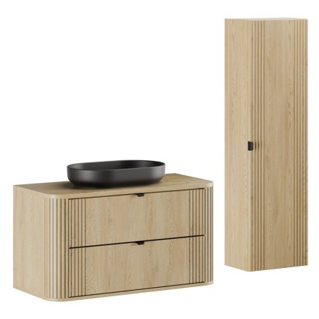 Set mobilier de baie Ovalia Cremona, MDF, PAL melaminat, stejar cremona, blat stejar cremona, L.100 cm, lavoar River, dulap inalt H.140 cm, SET-OVC B CREMONA 100CM UN RIVER BM HC