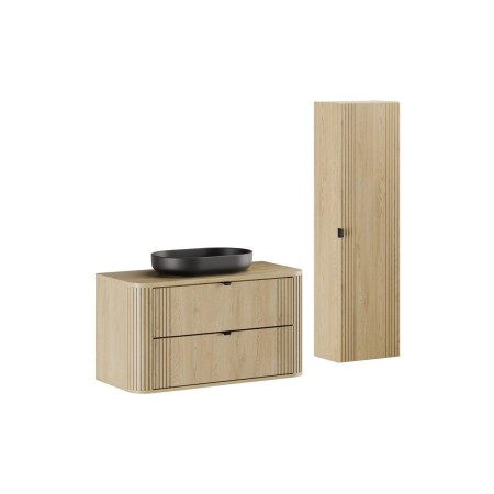 Set mobilier de baie Ovalia Cremona, MDF, PAL melaminat, stejar cremona, blat stejar cremona, L.100 cm, lavoar River, dulap inalt H.140 cm, SET-OVC B CREMONA 100CM UN RIVER BM HC