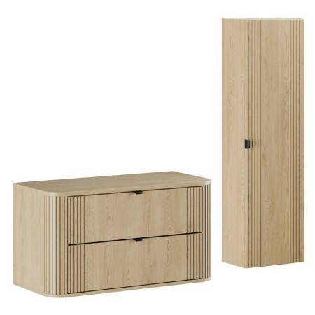 Set mobilier de baie Ovalia Cremona, MDF, PAL melaminat, stejar cremona, blat stejar cremona, L.100 cm, dulap inalt H.140 cm, SET-OVC B CREMONA 100CM HC
