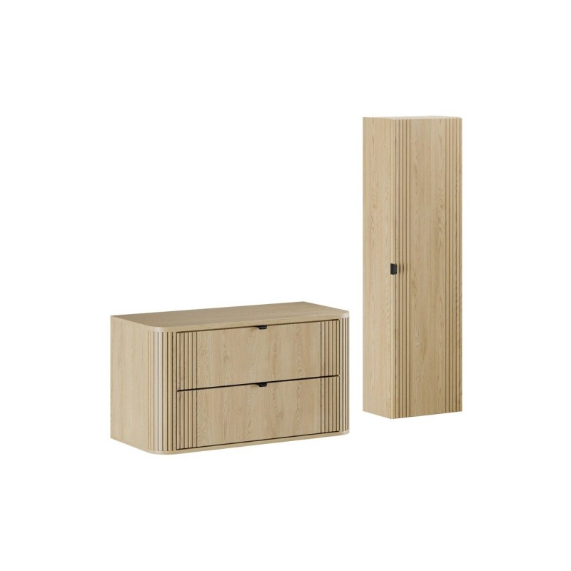 Set mobilier de baie Ovalia Cremona, MDF, PAL melaminat, stejar cremona, blat stejar cremona, L.100 cm, dulap inalt H.140 cm, SET-OVC B CREMONA 100CM HC