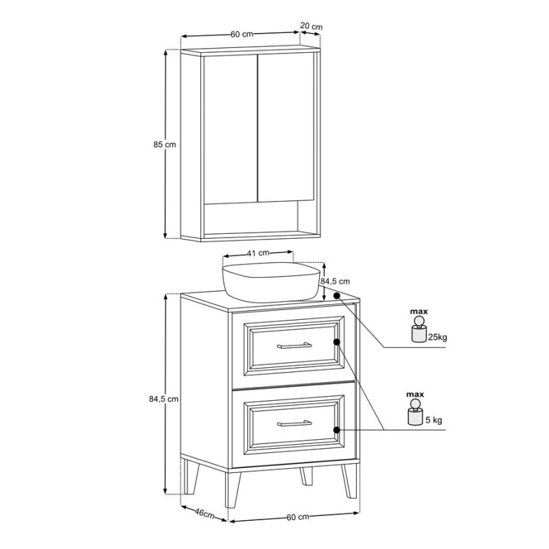 Set mobilier de baie Dorothy Ristretto, MDF, PAL melaminat, stejar ristretto, lavoar Smile, dulap suspendat, L.60 cm, SET-DOR B 60CM UN SMILE MC
