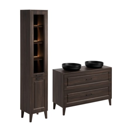 Set mobilier de baie Dorothy Ristretto, MDF, PAL melaminat, stejar ristretto, blat stejar ristretto, L.120 cm, lavoare River, dulap inalt H.205 cm, SET-DOR B 120CM UN RIVER HC