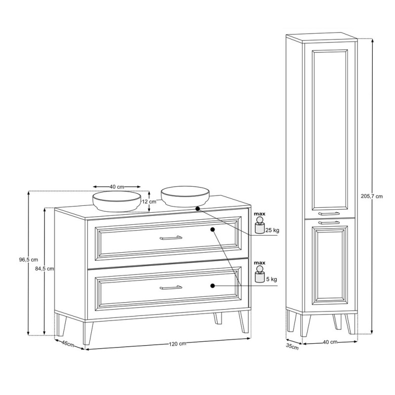 Set mobilier de baie Dorothy Ristretto, MDF, PAL melaminat, stejar ristretto, blat stejar ristretto, L.120 cm, lavoare River, dulap inalt H.205 cm, SET-DOR B 120CM UN RIVER HC