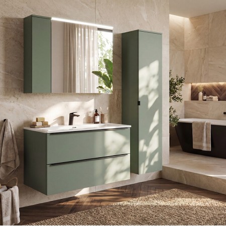 Dulap cu oglinda suspendat Sombra Green, iluminare LED, PAL melaminat, verde olive, sticla, 2 usi, L.80 cm, GREEN UN 84-80-2D