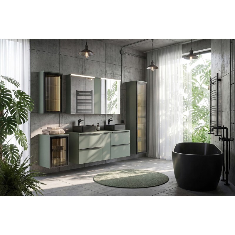 Dulap cu oglinda suspendat Sombra Green, iluminare LED, PAL melaminat, verde olive, sticla, 2 usi, L.100 cm, SET-SOG 100CM MC UC