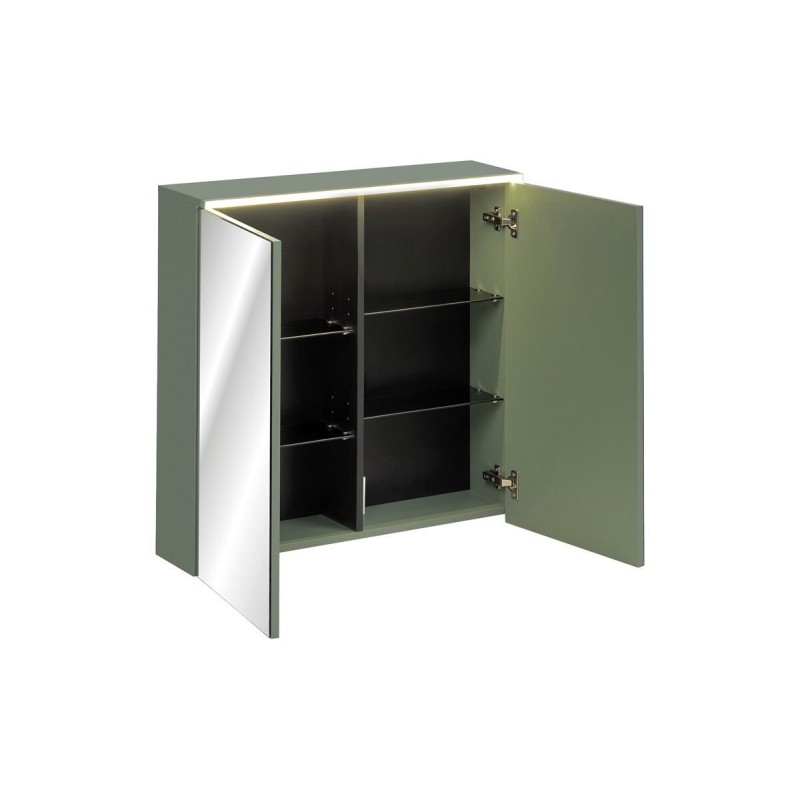Dulap cu oglinda suspendat Sombra Green, iluminare LED, PAL melaminat, verde olive, sticla, 2 usi, L.80 cm, GREEN UN 84-80-2D