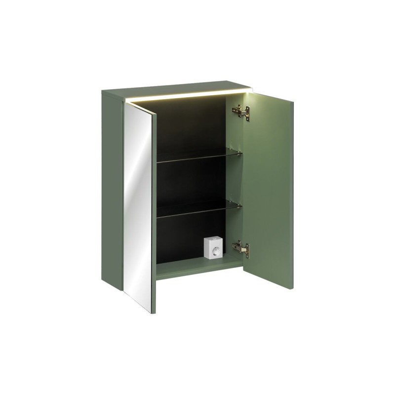 Dulap cu oglinda suspendat Sombra Green, iluminare LED, PAL melaminat, verde olive, sticla, 2 usi, L.60 cm, GREEN UN 84-60-2D