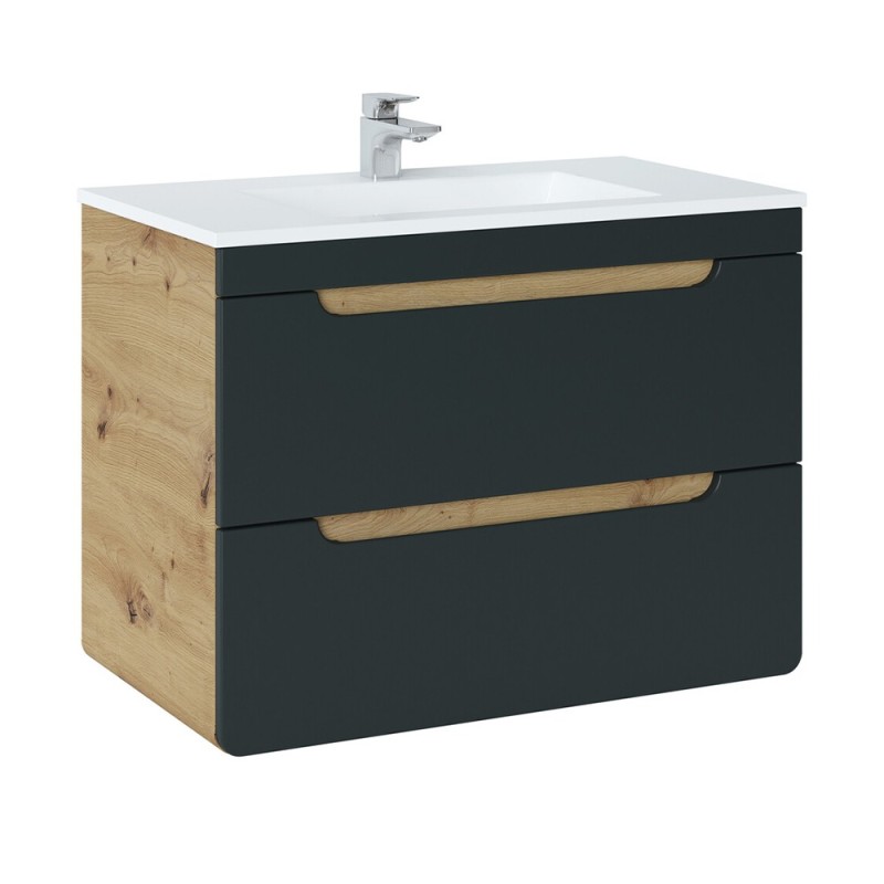 Dulap sub lavoar Aruba Cosmos, MDF, PAL melaminat, stejar artizanal/gri spatial, 2 sertare, L.80 cm, ARUBA COSMOS 821- 80CM FSC
