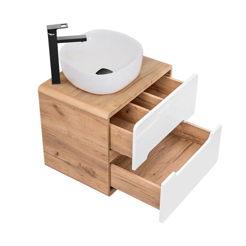 Masca lavoar Aruba White, MDF, PAL melaminat, stejar artizanal/alb lucios, 2 sertare, L.60 cm, ARUBA WHITE 828-UN-60CM FSC