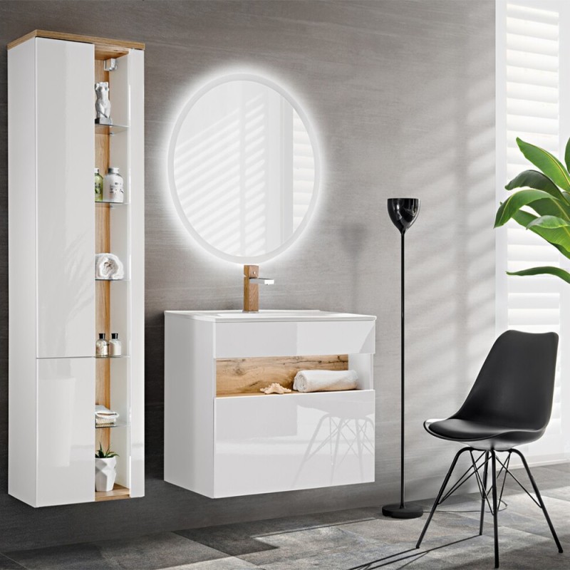 Dulap lavoar Bahama White, MDF, PAL melaminat, alb/stejar wotan, 1 sertar, L.80 cm, BAHAMA WHITE 821 FSC