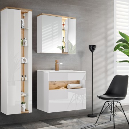 Dulap cu oglinda Bahama White, MDF, PAL melaminat, alb/stejar wotan, 2 usi, L.80 cm, BAHAMA WHITE 841 FSC