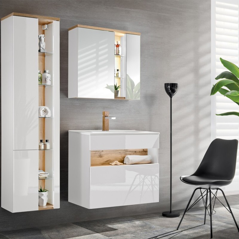 Dulap cu oglinda Bahama White, MDF, PAL melaminat, alb/stejar wotan, 2 usi, L.80 cm, BAHAMA WHITE 841 FSC