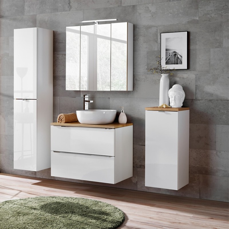 Dulap lavoar Capri White, MDF, folie PVC, alb mat/stejar auriu, 2 sertare, L.80 cm, CAPRI WHITE 821B FSC
