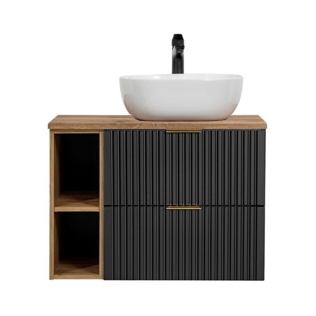Set mobilier baie Adel Black, MDF, PAL melaminat, negru mat, blat stejar wotan, lavoar Smile 40, L.80 cm, SET - ADB B 80CM WOTAN 81-01 WOTAN UN 6252