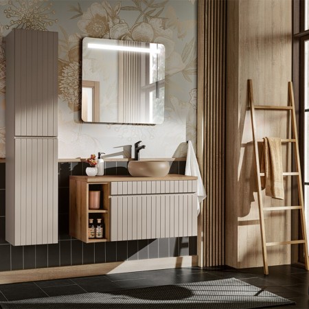 Set de mobilier baie Iconic Cashmere, MDF, PAL melaminat, cashmir mat, blat stejar evoke, lavoar Wiki, L.100 cm, dulap inalt H.160 cm, SET - ICC B 100 CM WIKI-MC 4 81-01 COAST EVOKE OAK