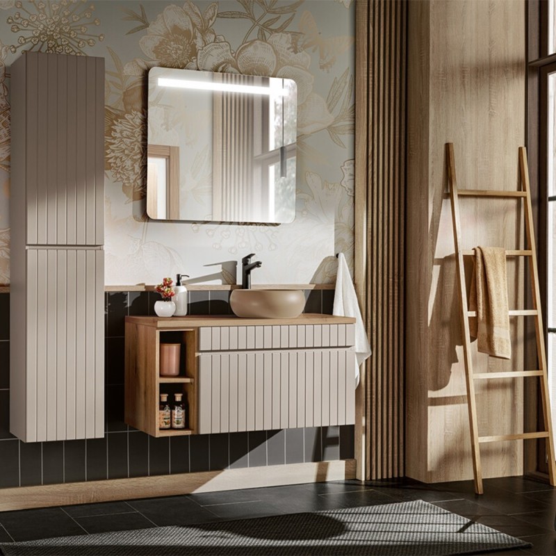 Set de mobilier baie Iconic Cashmere, MDF, PAL melaminat, cashmir mat, blat stejar evoke, lavoar Wiki, L.100 cm, dulap inalt H.160 cm, SET - ICC B 100 CM WIKI-MC 4 81-01 COAST EVOKE OAK