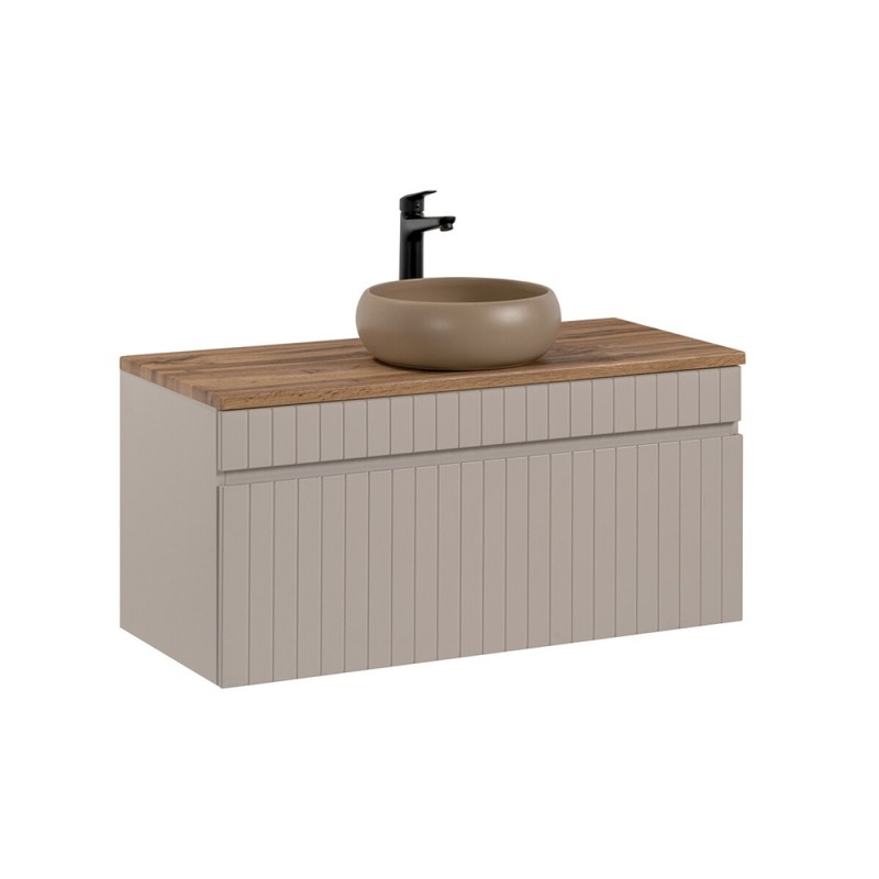 Set de mobilier baie Iconic Cashmere, MDF, PAL melaminat, cashmir mat, blat stejar evoke, lavoar Wiki, L.100 cm, SET - ICC B 100 CM WIKI-MC