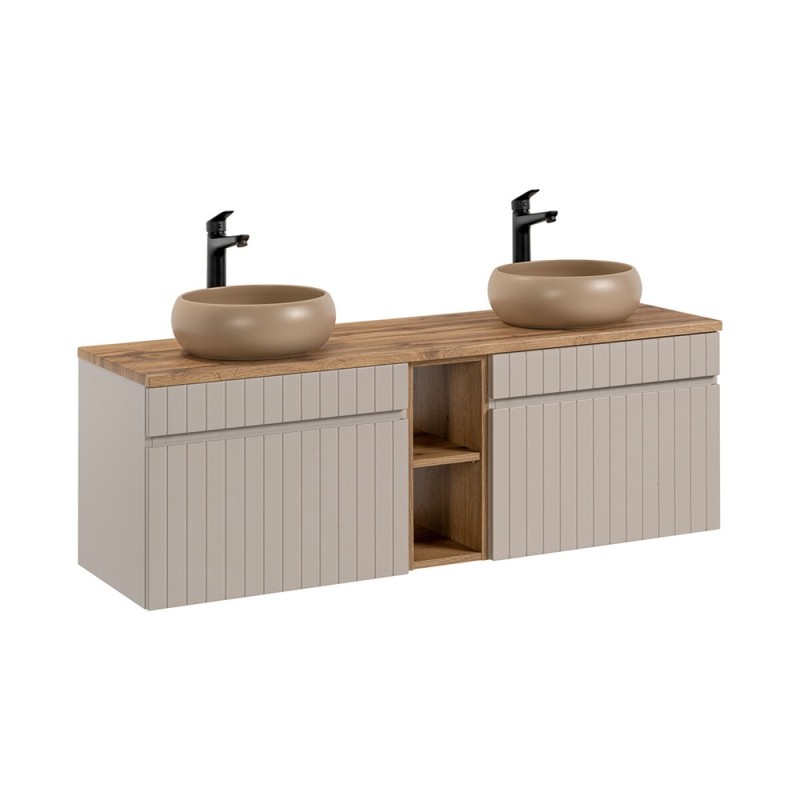 Set de mobilier baie Iconic Cashmere, MDF, PAL melaminat, cashmir mat, blat stejar evoke, L.140 cm, lavoare Wiki, SET - ICC B 140 CM WIKI-MC 81-01 COAST EVOKE OAK