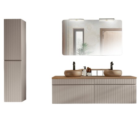 Set de mobilier baie Iconic Cashmere, MDF, PAL melaminat, cashmir mat, blat stejar evoke, lavoare Wiki, L.160 cm, dulap inalt H.160 cm, SET - ICC B 160 CM WIKI-MC 5
