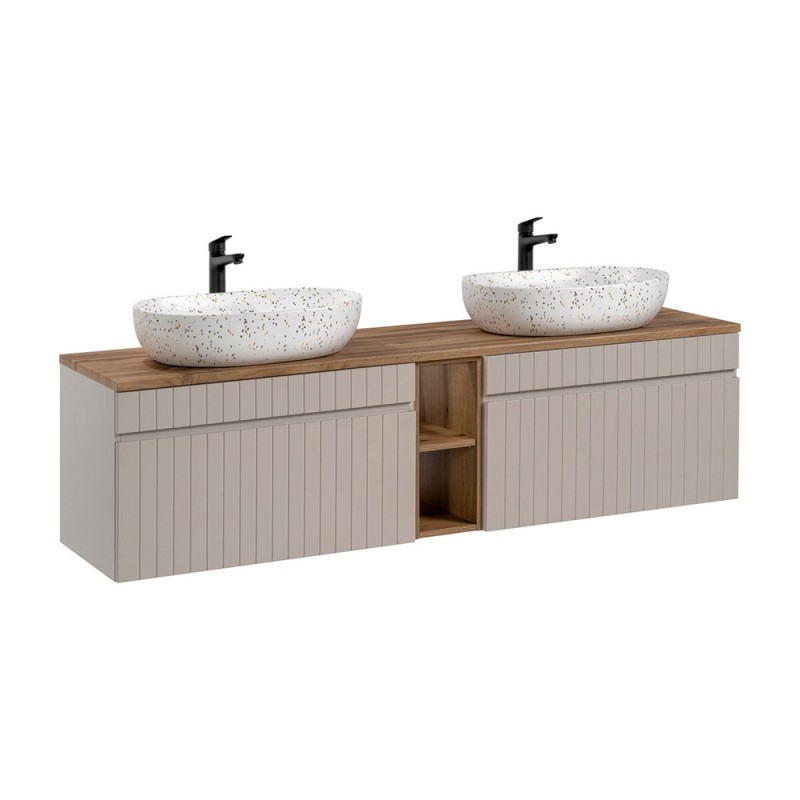 Set de mobilier baie Iconic Cashmere, MDF, PAL melaminat, cashmir mat, blat stejar evoke, L.180 cm, lavoare Lili, SET - ICC B 180 CM LILI-MW21 81-01 COAST EVOKE OA