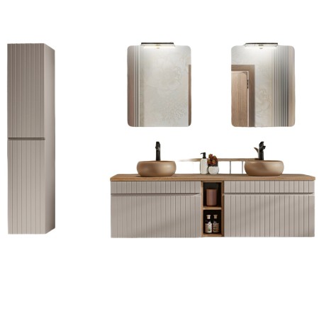 Set de mobilier baie Iconic Cashmere, MDF, PAL melaminat, cashmir mat, blat stejar evoke, lavoare Wiki, L.180 cm, dulap inalt H.160 cm, SET - ICC B 180 CM WIKI-MC 6 81-01 COAST EVOKE OAK
