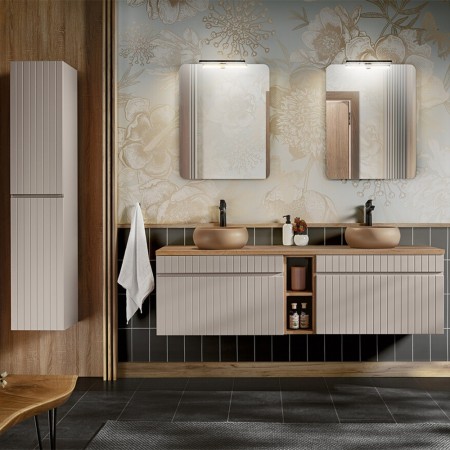 Set de mobilier baie Iconic Cashmere, MDF, PAL melaminat, cashmir mat, blat stejar evoke, lavoare Wiki, L.180 cm, dulap inalt H.160 cm, SET - ICC B 180 CM WIKI-MC 6 81-01 COAST EVOKE OAK