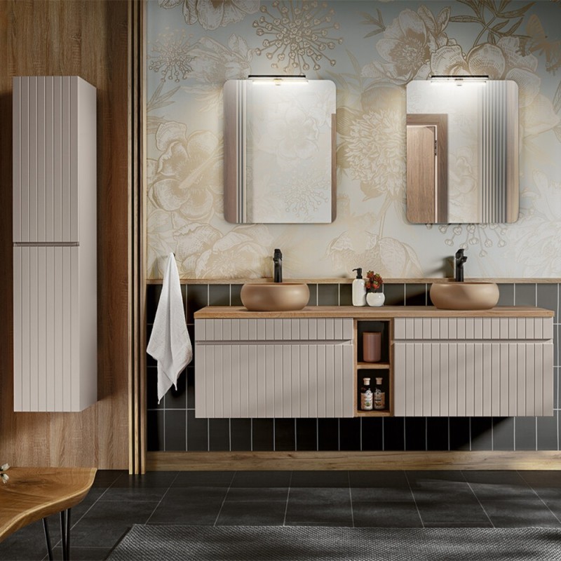 Set de mobilier baie Iconic Cashmere, MDF, PAL melaminat, cashmir mat, blat stejar evoke, lavoare Wiki, L.180 cm, dulap inalt H.160 cm, SET - ICC B 180 CM WIKI-MC 6 81-01 COAST EVOKE OAK