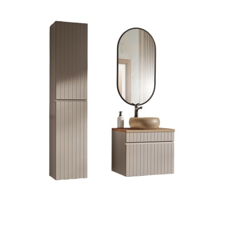 Set de mobilier baie Iconic Cashmere, MDF, PAL melaminat, cashmir mat, blat stejar evoke, lavoar Wiki, L.60 cm, dulap inalt H.160 cm, SET - ICC B 60 CM WIKI-MC 1