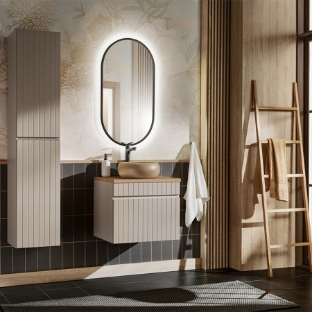 Set de mobilier baie Iconic Cashmere, MDF, PAL melaminat, cashmir mat, blat stejar evoke, lavoar Wiki, L.60 cm, dulap inalt H.160 cm, SET - ICC B 60 CM WIKI-MC 1