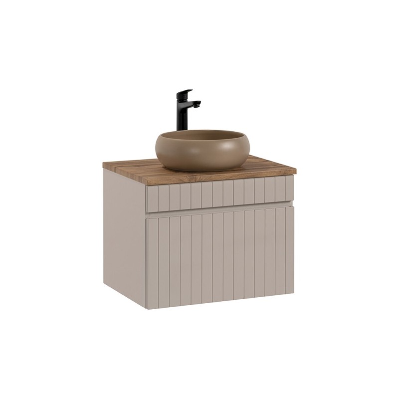 Set de mobilier baie Iconic Cashmere, MDF, PAL melaminat, cashmir mat, blat stejar evoke, L.60 cm, lavoar Wiki, SET - ICC B 60 CM WIKI-MC