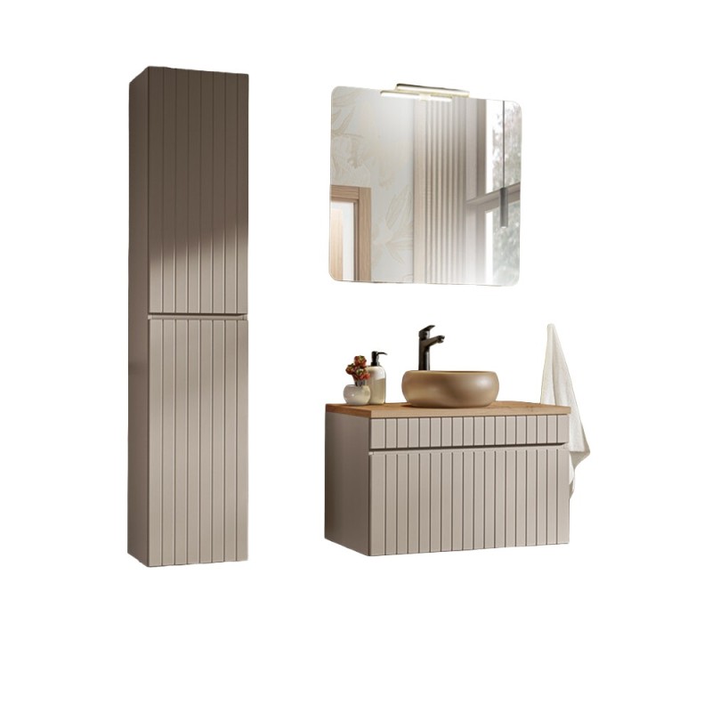 Set de mobilier baie Iconic Cashmere, MDF, PAL melaminat, cashmir mat, blat stejar evoke, lavoar Wiki, L.80 cm, dulap inalt H.160 cm, SET - ICC B 80 CM UN WIKI MC 2