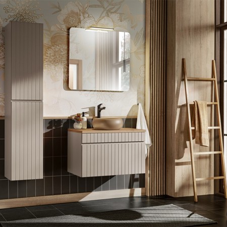 Set de mobilier baie Iconic Cashmere, MDF, PAL melaminat, cashmir mat, blat stejar evoke, lavoar Wiki, L.80 cm, dulap inalt H.160 cm, SET - ICC B 80 CM UN WIKI MC 2