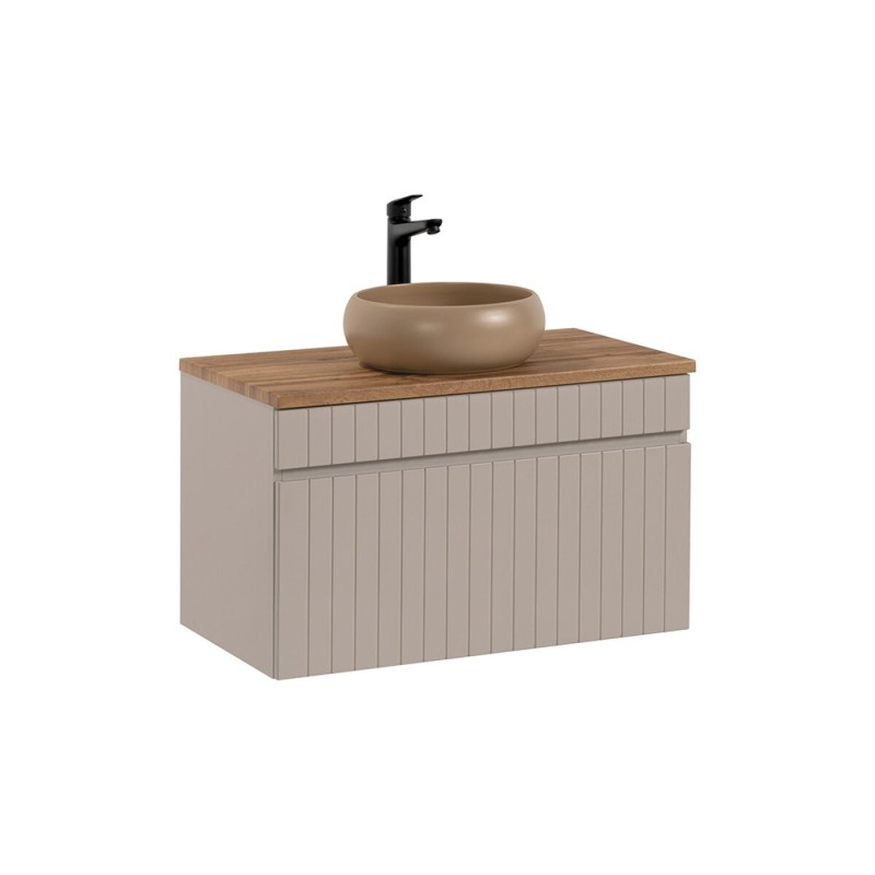 Set de mobilier baie Iconic Cashmere, MDF, PAL melaminat, cashmir mat, blat stejar evoke, L.80 cm, lavoar Wiki, SET - ICC B 80 CM WIKI-MC