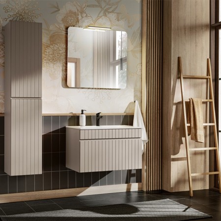 Set de mobilier baie Iconic Cashmere, MDF, PAL melaminat, cashmir mat, blat stejar evoke, lavoar Sky, L.80 cm, dulap inalt H.160 cm, SET - ICC SKY 80CM