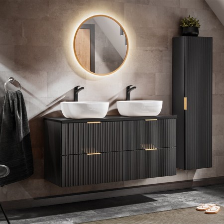 Set mobilier baie Adel Black, MDF, PAL melaminat, negru mat, lavoare Smile 40, L.120 cm, dulap inalt H.140 cm si oglinda LED, SET -ADB B 120 CM SMILE 40 4