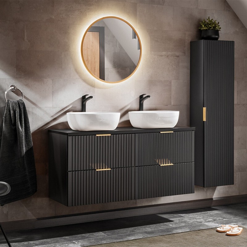 Set mobilier baie Adel Black, MDF, PAL melaminat, negru mat, lavoare Smile 40, L.120 cm, dulap inalt H.140 cm si oglinda LED, SET -ADB B 120 CM SMILE 40 4