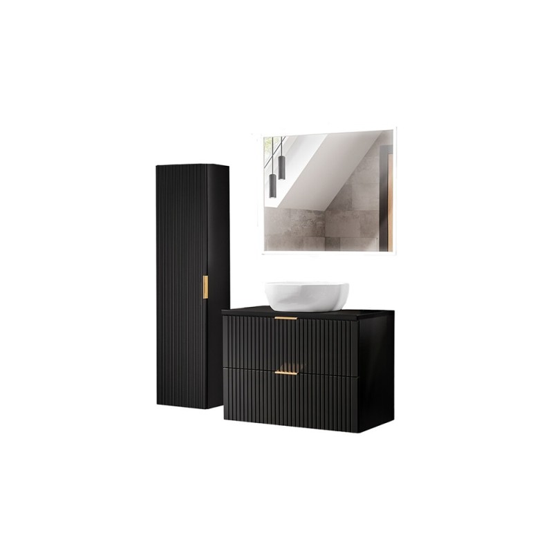 Set mobilier baie Adel Black, MDF, PAL melaminat, negru mat, lavoar Smile 40, L.80 cm, dulap inalt H.140 cm si oglinda LED, SET -ADB B 80 CM SMILE 40 3