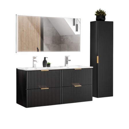 Set mobilier baie Adel Black, MDF, PAL melaminat, negru mat, lavoar SKY 120, L.120 cm, dulap inalt H.140 cm si oglinda LED, SET -ADB SKY 120 CM 5