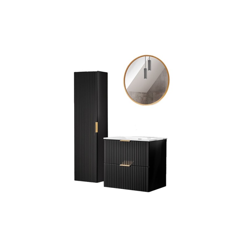 Set mobilier baie Adel Black, MDF, PAL melaminat, negru mat, lavoar Sky 60, L.60 cm, dulap inalt H.140 cm si oglinda LED, SET -ADB SKY 60 CM 2