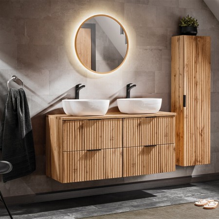 Set mobilier baie Adel Oak, MDF, PAL melaminat, blat stejar wotan, lavoare Smile 40, L.120 cm, dulap inalt H.140 cm si oglinda LED, SET -ADO B 120 CM SMILE 40 2
