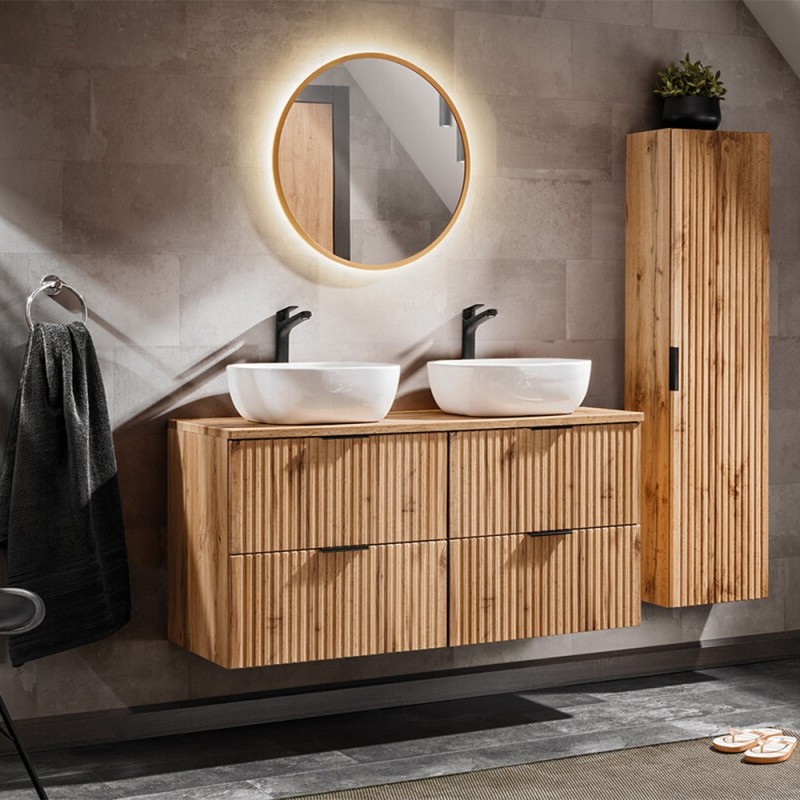 Set mobilier baie Adel Oak, MDF, PAL melaminat, blat stejar wotan, lavoare Smile 40, L.120 cm, dulap inalt H.140 cm si oglinda LED, SET -ADO B 120 CM SMILE 40 2