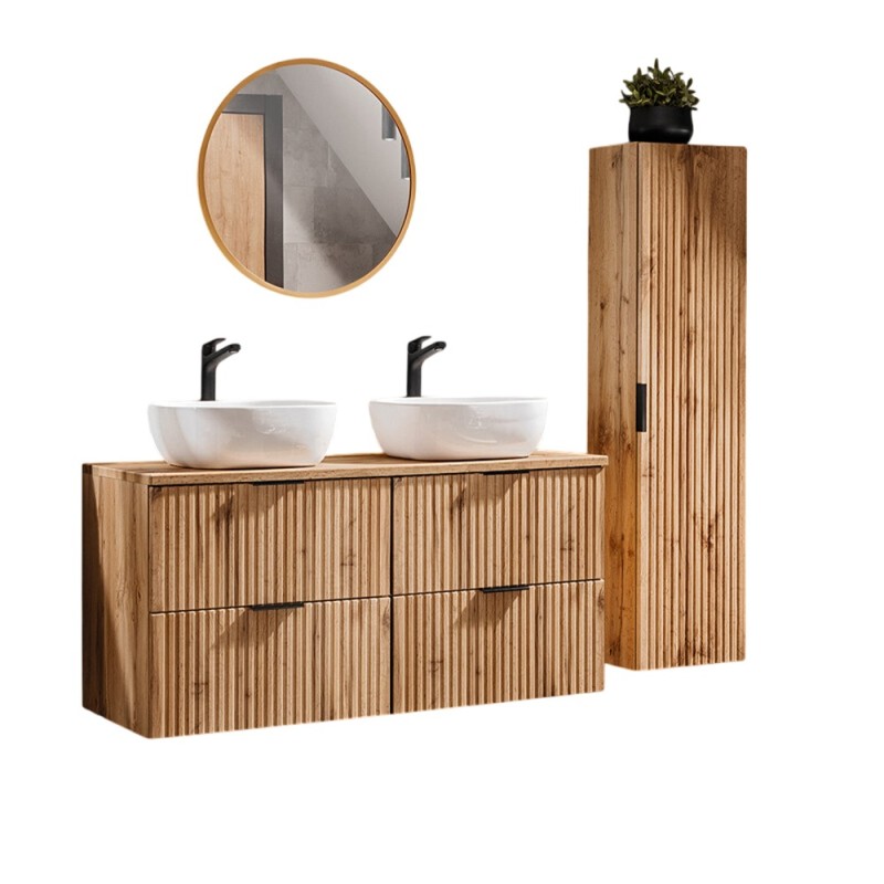 Set mobilier baie Adel Oak, MDF, PAL melaminat, blat stejar wotan, lavoare Smile 40, L.120 cm, dulap inalt H.140 cm si oglinda LED, SET -ADO B 120 CM SMILE 40 2