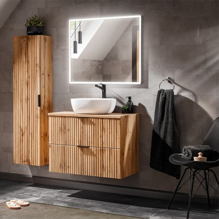 Set mobilier baie Adel Oak, MDF, PAL melaminat, stejar wotan, lavoar Smile 40, L.80 cm, dulap inalt H.140 cm si oglinda LED, SET -ADO B 80 CM SMILE 40 1