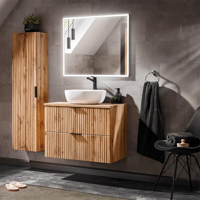 Set mobilier baie Adel Oak, MDF, PAL melaminat, stejar wotan, lavoar Smile 40, L.80 cm, dulap inalt H.140 cm si oglinda LED, SET -ADO B 80 CM SMILE 40 1