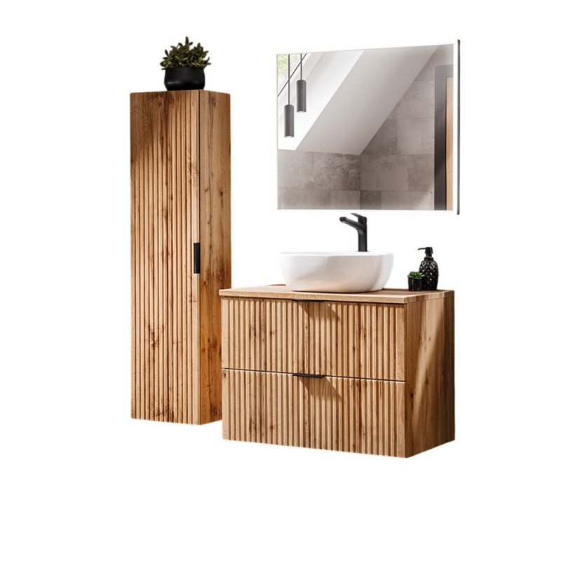 Set mobilier baie Adel Oak, MDF, PAL melaminat, stejar wotan, lavoar Smile 40, L.80 cm, dulap inalt H.140 cm si oglinda LED, SET -ADO B 80 CM SMILE 40 1