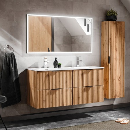 Set mobilier baie Adel Oak, MDF, PAL melaminat, blat stejar wotan, lavoare Sky 120, L.120 cm, dulap inalt H.140 cm si oglinda LED, SET -ADO SKY 120 CM 3