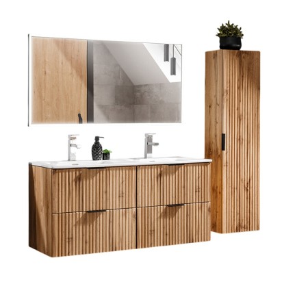 Set mobilier baie Adel Oak, MDF, PAL melaminat, blat stejar wotan, lavoare Sky 120, L.120 cm, dulap inalt H.140 cm si oglinda LED, SET -ADO SKY 120 CM 3