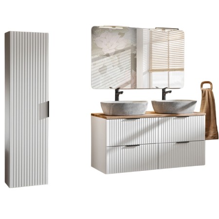 Set mobilier baie Adel White, MDF, PAL melaminat, blat stejar wotan, lavoare Anna gri, L.120 cm, dulap inalt H.140 cm si oglinda, SET -ADW B 120 CM ANNA 2