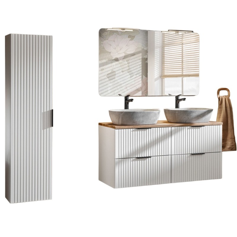 Set mobilier baie Adel White, MDF, PAL melaminat, blat stejar wotan, lavoare Anna gri, L.120 cm, dulap inalt H.140 cm si oglinda, SET -ADW B 120 CM ANNA 2